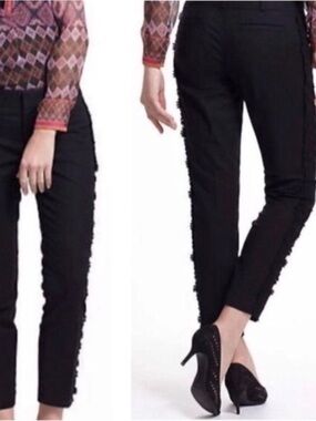 Anthropologie Black Straight Leg Ankle Pants with floral lace trim